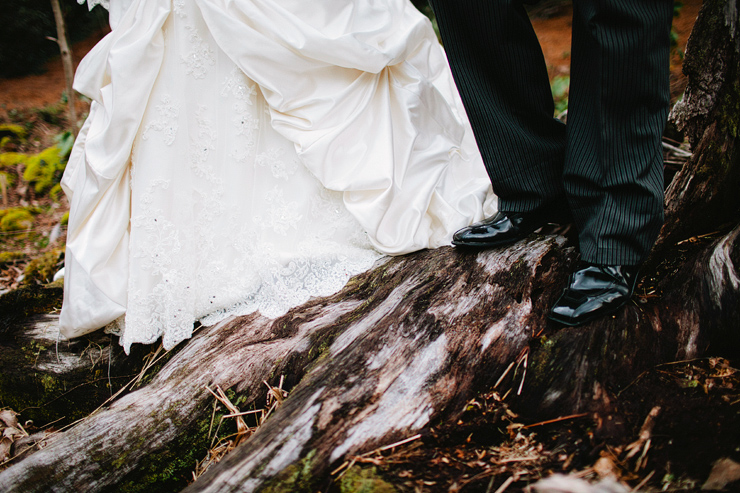 bride and groom on tree stump